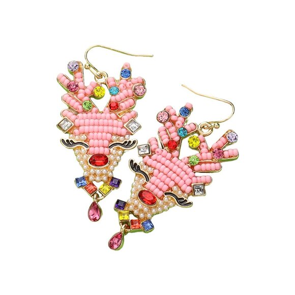 NEW in Gift Pouch - Reindeer Crystal & Beaded Christmas Holiday Pink Earrings - Picture 5 of 5